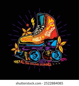 Hand drawn, not by AI! Roller skates with flowers on the background. Original vector illustration in vintage style. T-shirt design.