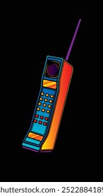 Mão desenhada, não por AI! Telefone celular retrô com uma antena longa. Ilustração vetorial original em estilo vintage.