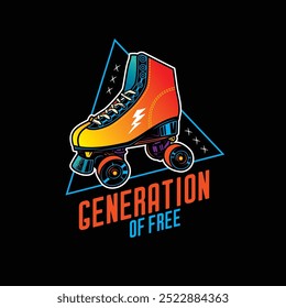 Hand drawn, not by AI! Stylish roller skates on the background of a text composition. Original vector retro emblem. T-shirt design