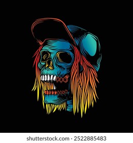Hand drawn, not by AI! Skateboarder skull. Original vector illustration in vintage style. T-shirt design.