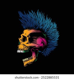 Hand drawn, not by AI! A skull with an open mouth and a punk rock hairstyle. T-shirt design, stickers, print.