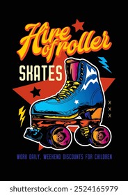 Hand drawn, not by AI! T-shirt or poster design. Roller skating drawn in a retro style. Original vector illustration in vintage style.