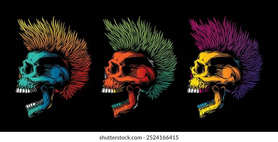 Hand drawn, not by AI! A skull with an open mouth and a punk rock hairstyle. T-shirt design, stickers, print.