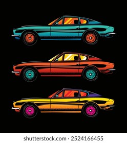 Hand drawn, not by AI! The American muscle car. Original vector illustration in vintage style isolated on black background. T-shirt design.
