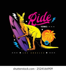 Hand drawn, not by AI! Kangaroo with a surfboard against the background of palm trees and sunset. Original vector illustration in vintage style. T-shirt design.