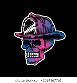 Hand drawn, not by AI! Human skull in a fire helmet. Firefighter. Original vector illustration in vintage style isolated on black background. T-shirt design.