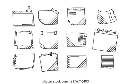 Hand drawn note paper doodle set. Sticky notes set