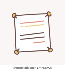 Hand drawn note paper with line attached with four drawing pin vector flat illustration. Colorful notepaper sheet for notes with pushpin isolated on white. Reminder memo with message or information