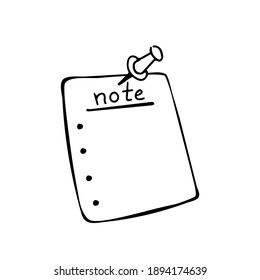 Hand drawn note paper with pin, reminder sticker, planing, time management. Doodle vector illustration solated on white background.
