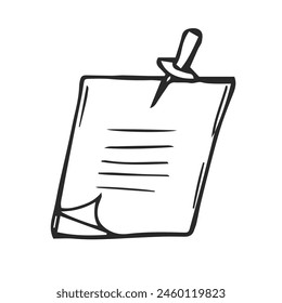 hand drawn note paper with push button icon, reminder sticker pinned. isolated doodle style