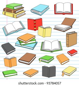 Hand Drawn Notebook Doodles Books Notebook Doodle Design Elements Set on Lined Sketchbook Paper Background- Vector Illustration