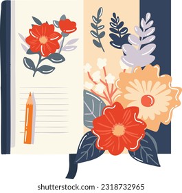 Hand Drawn notebook with flowers in flat style isolated on background