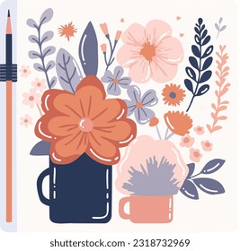 Hand Drawn notebook with flowers in flat style isolated on background