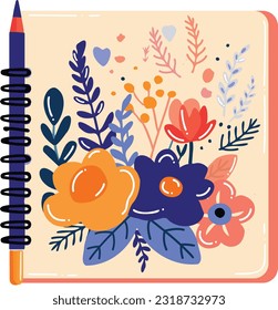 Hand Drawn notebook with flowers in flat style isolated on background