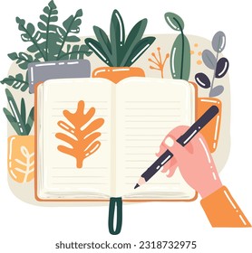 Hand Drawn notebook with flowers in flat style isolated on background