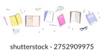 Hand drawn notebook and journal doodle set with colorful books stationery glasses pen and study elements in playful sketch style for education school notes journaling stationery branding .Vector