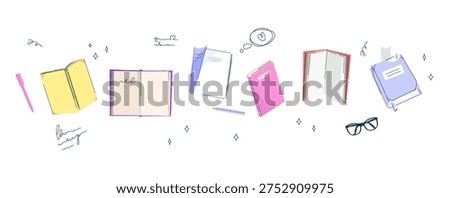 Hand drawn notebook and journal doodle set with colorful books stationery glasses pen and study elements in playful sketch style for education school notes journaling stationery branding .Vector