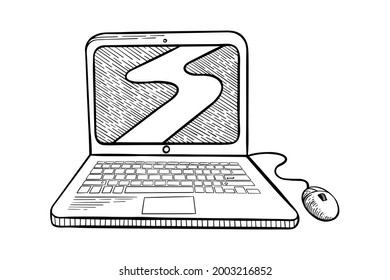Cuaderno dibujado a mano sobre fondo blanco. Computadora Doodle con ratón. Ilustración vectorial.