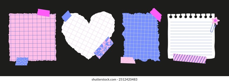Papel notebook desenhado à mão com fitas adesivas. Cortar o coração, folha de notas, fundos em branco para mensagens. Documentos extraídos. Elementos infantis da escola. Ilustração vetorial. Páginas de colagem irregulares de artesanato.