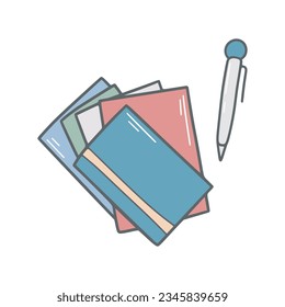 Hand drawn notebook and pen. The concept of making notes. Stationery set for note taking, doodle style vector illustration