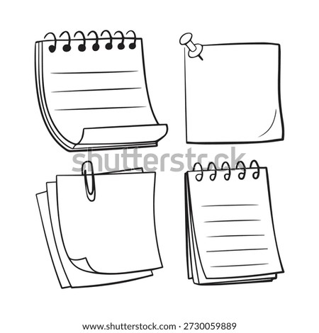 Hand drawn notebooks and sticky notes with clips in a minimalist illustration style