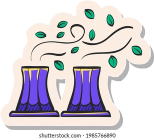 Hand drawn Nuclear plant with leaves icon in sticker style vector illustration