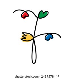 Hand drawn number 7 with flower and hearts Decorative one continuous line design concept. Line Art