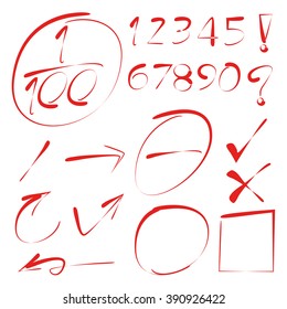 hand drawn number, check mark, arrows
