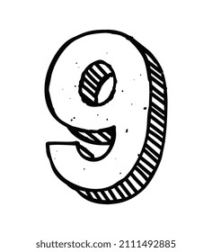 Handgezeichnete Nummer-Konzept. Doodle Aufkleber mit der Nummer 9, neun mit schlanker Struktur und Kontur. Einfaches Design-Element zum Drucken. Cartoon-FlachVektorgrafik einzeln auf weißem Hintergrund