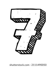 Hand drawn number concept. Neutral sticker with number 7, seven or Arabic alphabet. Doodle design element for printing on paper. Cartoon flat vector illustration isolated on white background