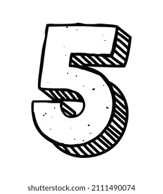 Hand drawn number concept. Simple sticker with number 5, five in textured grunge style. Doodle design element for book, banner and print. Cartoon flat vector illustration isolated on white background