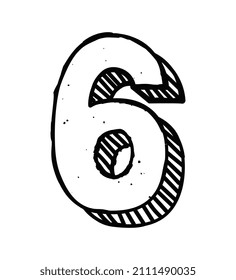 Hand drawn number concept. Sloppy sticker with number 6, six with shadow of strokes. Design element for enumerations and social networks. Cartoon flat vector illustration isolated on white background