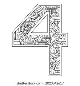 Hand drawn of number four in zentangle style