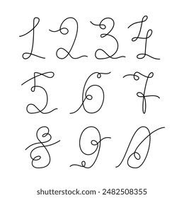 Hand drawn Numbers 0 to 9 continuous line. Number set in minimalistic style. Line Art lettering idea