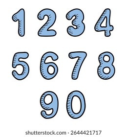 Hand drawn numbers 0 to 9. Cute doodle font with colorful numerals. Funny counting for kids, vector set with black outline. For back to school theme, library, wrapping, birthday, banner, mathematics