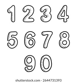 Hand drawn numbers 0 to 9. Cute doodle font with colorful numerals. Funny counting for kids, vector set with black outline. For back to school theme, library, wrapping, birthday, banner, mathematics