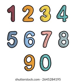 Hand drawn numbers 0 to 9. Cute doodle font with colorful numerals. Funny counting for kids, vector set with black outline. For back to school theme, library, wrapping, birthday, banner, mathematics