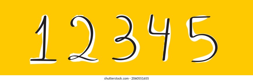 Hand Drawn Numbers 12345. Modern doodle font and typeface. Black and yellow vector illustration.