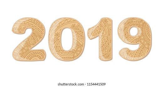 Hand drawn numbers 2019 patterned with zen tangled shapes. Handwritten font 2019 with visual three-dimensional effect for decorate calendar, banner, new year card. Isolated on white. eps 10