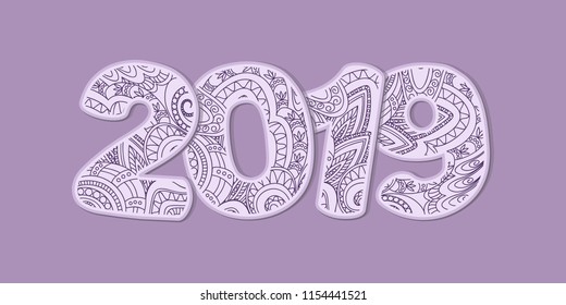 Hand drawn numbers 2019 patterned in zen-tangle style. Handwritten flat font 2019  for decorate calendar, banner, new year card. Isolated on violet  background. eps 10