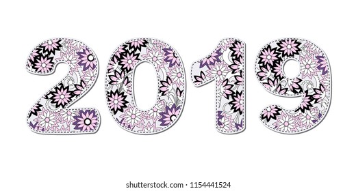 Hand drawn numbers 2019 patterned with flowers in boho style. Handwritten flat font 2019  for decorate calendar, banner, new year card. Isolated on white background. eps 10
