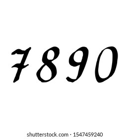 Hand drawn numbers 7 8 9 0. Lettering made by ink pen. Vector calligraphy illustration isolated on white background. Typography for banners, badges, postcard, t-shirt, prints, posters advertisements