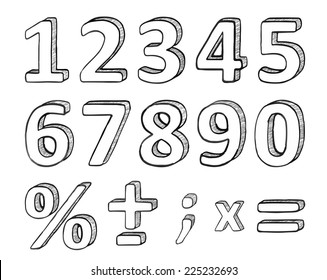 Hand Drawn Numbers and Basic Math Signs, Vector Illustration