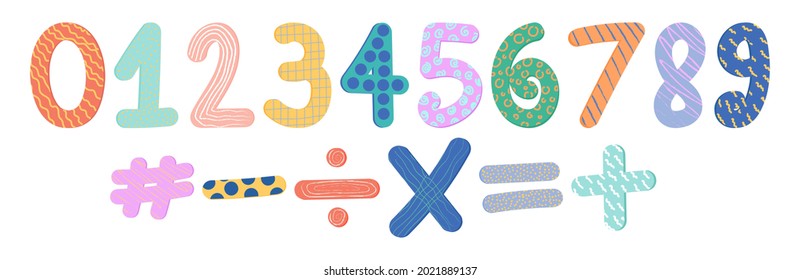 Hand drawn numbers in boho style for decoration design. Doodle set element. Vector kids art illustration.