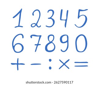 Hand drawn numbers and mathematical signs. Numbers isolated on white background. Vector.
