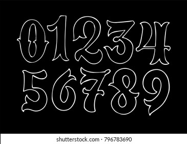 Hand drawn numbers. Modern calligraphy lettering style. Vector illustration. White on black background.