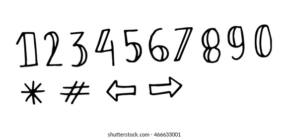 Hand drawn numbers on white background. Letters of the alphabet written with a pen brush.