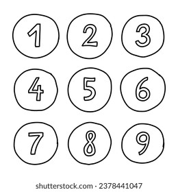 Hand drawn numbers from one to nine in round borders. Vector black line illustration isolated on white background.