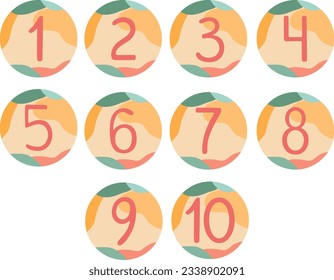 Hand drawn numbers from One to Ten in circles with abstract shaped background. Vector illustration