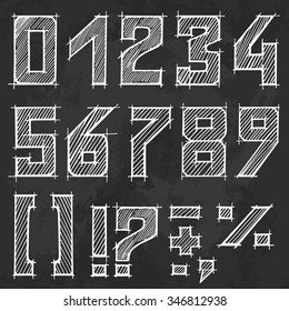 Hand drawn numbers with orthographic symbols. Vector sketch illustration isolated on black grunge background